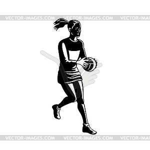 Netball Player Catching and Passing Ball Retro Blac - vector image