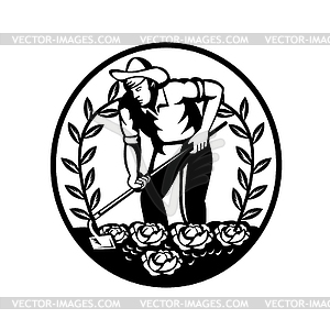 Organic Farmer Tilling Vegetable Farm Garden with - vector image