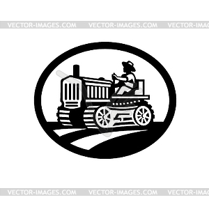 Organic Farmer Driving Vintage Farm Tractor Oval - vector clipart