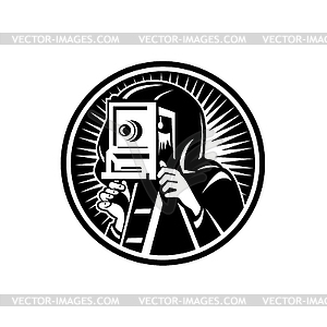 Photographer Taking Photo Using Vintage Box Camera - vector image