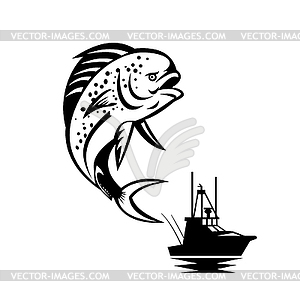 Pompano Dolphinfish Jumping Up With Fishing Boat - vector image