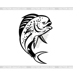 Pompano Dolphinfish Jumping Up Retro Black and White - vector clipart