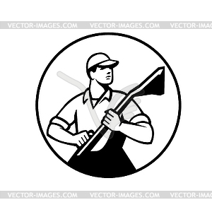 Professional Carpet Cleaner Holding Vacuum Circle - vector clip art