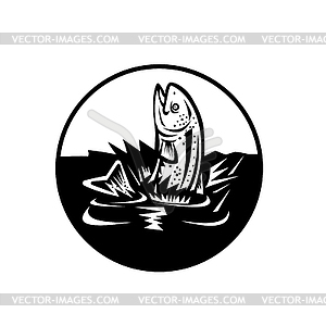 Радужная форель Прыгает Воды Ретро Ксилография Черный - векторный рисунок