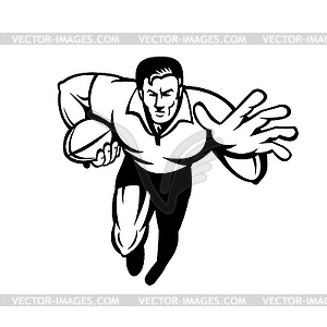 Rugby Player Running with Ball Fending Off Retro - vector image