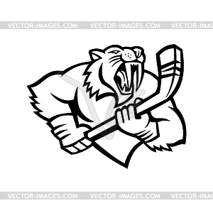 Saber Toothed Cat Holding Ice Hockey Stick Mascot - vector image