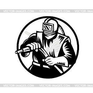 Sandblaster Holding Sandblasting Hose Front View - vector clip art