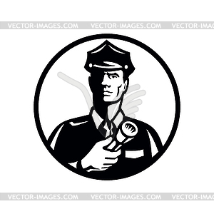 Security Guard With Flashlight Front View Circle - vector EPS clipart