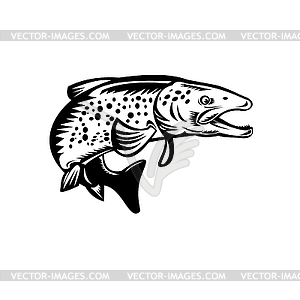 Speckled Trout Fish Jumping Woodcut Retro Black - vector clipart