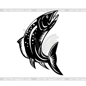 Spotted Trout Fish Jumping Woodcut Retro Black and - vector clip art