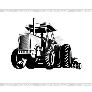 Farm Tractor Pulling Plow or Plough While Plowing - vector clipart