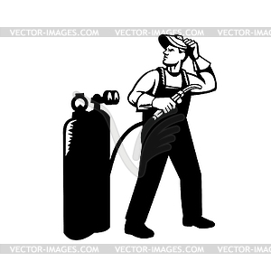 Welder Standing Visor Up Acetylene Cylinder Retro - royalty-free vector image