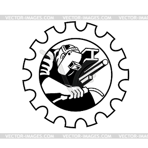 Сварщик рабочий сварочный горелку в шестерне Cog ретро - изображение в векторе / векторный клипарт