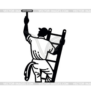 Window Cleaner on Ladder Cleaning Window Retro Blac - vector image