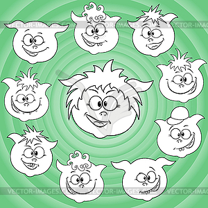 Funny cartoon piglet faces around big pig face - vector image