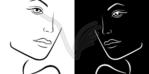 Black and White female laconic heads outline - vector image