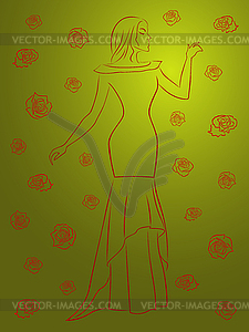 Stylish woman in long dress among roses over green - vector clipart