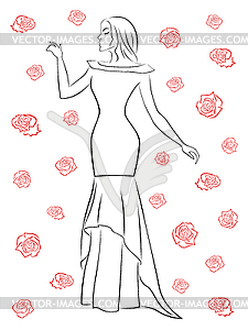 Stylish woman in long dress among roses - vector clipart