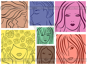Set of seven colored women portrait - vector clipart