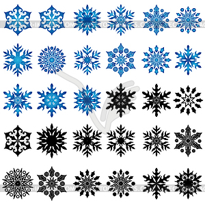 Set of thirty blue and black snowflakes - vector image