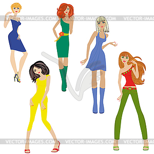 Set of five fashionable women - color vector clipart