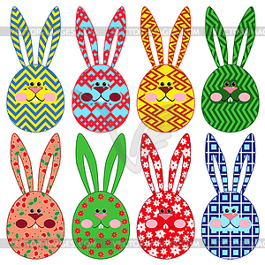 Eight Easter rabbit ornamental faces - vector image