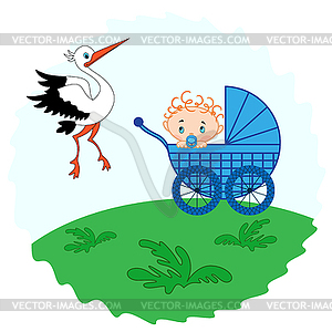 Baby boy in and stork beside him - vector clipart