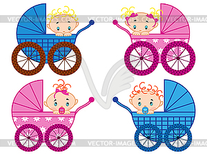 Четыре коляски с ребенком-юношей и бэби-девочек - клипарт в векторном виде
