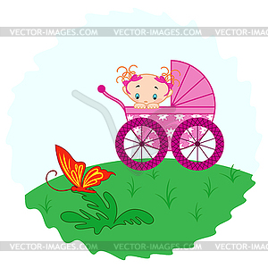 Девочка из коляски, наблюдая бабочки - иллюстрация в векторе