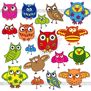 Set of eighty colourful owls - vector clipart