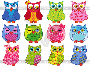 Set of twelve colourful cartoon owls - vector clip art