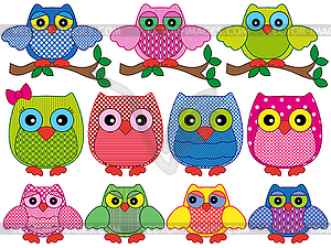 Set of eleven ornamental cartoon owls - vector image