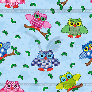 Seamless pattern with ornamental owls over blue - royalty-free vector clipart