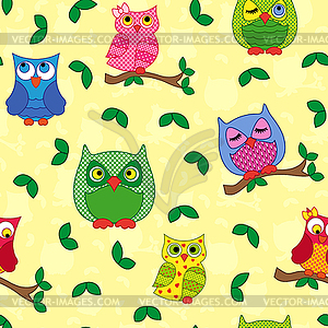 Seamless pattern with ornamental owls over yellow - vector clipart