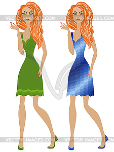 Redhead girl in green and blue dresses - vector clipart