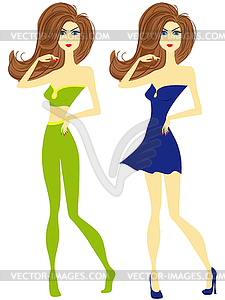 Girl with chestnut hair in green and blue - vector clip art