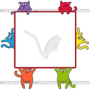 Funny cats around square billboard - vector image