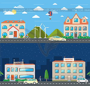 City scene in day and night - vector image