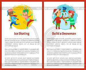 Катание на коньках и постройка Снеговик Открытки, Дети - векторный рисунок