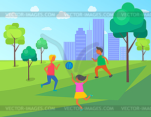 Kids Playing In City Park Children With Ball Vector Clipart