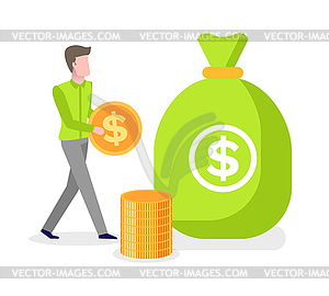 Man, Golden Coin in Hands, Bag with Dollar, Money - vector image