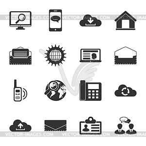 Communication black and white flat icons set - vector image