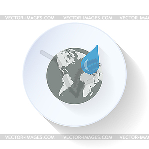 Drop of water on background of planet flat icon - vector image
