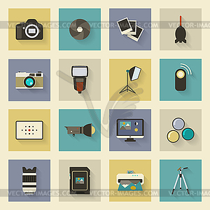 Photo equipment flat icons set with shadows - color vector clipart