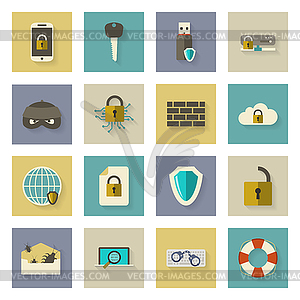 Cyber defense flat icons set with shadows - vector clipart