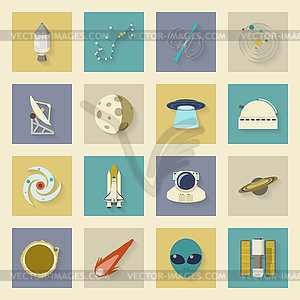 Astronautics and Space flat icons set with shadows - vector image