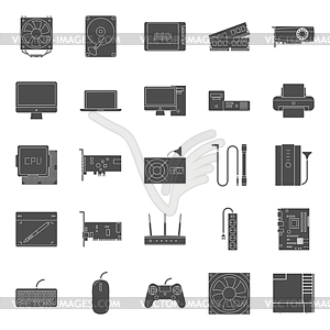 Компьютерные комплектующие и периферия силуэты - изображение векторного клипарта