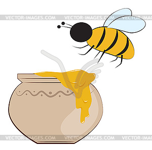 Bee and honey pot - vector image