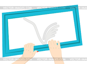 Female hands and blue frame - vector clipart