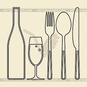 Bottle, glass of champagne, fork, knife and spoon - vector clip art